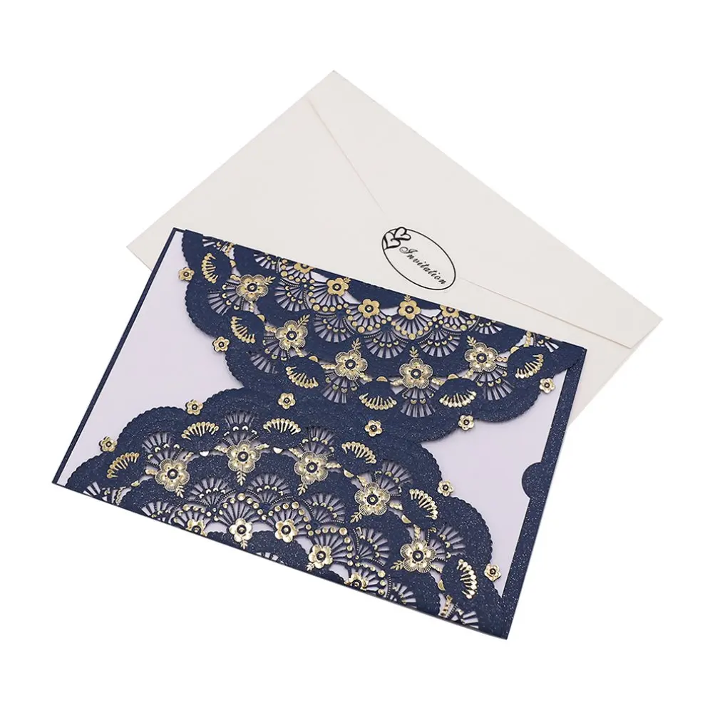  Graceful Sea Blue Laser Cut Florals Red Pocket Wedding Invitation Card With Insides Envelope Seal - 33051844742