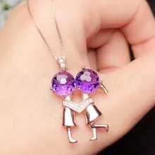 Природный натуральный аметист пара стиль ожерелье кулон 925 стерлингового серебра Поцелуй стиль 1.9ct* 2шт драгоценный камень# B9010703