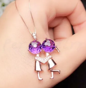 

Natural real amethyst couple style necklace pendant Free shipping 925 sterling silver Kiss style 1.9ct*2pcs gemstone #B9010703
