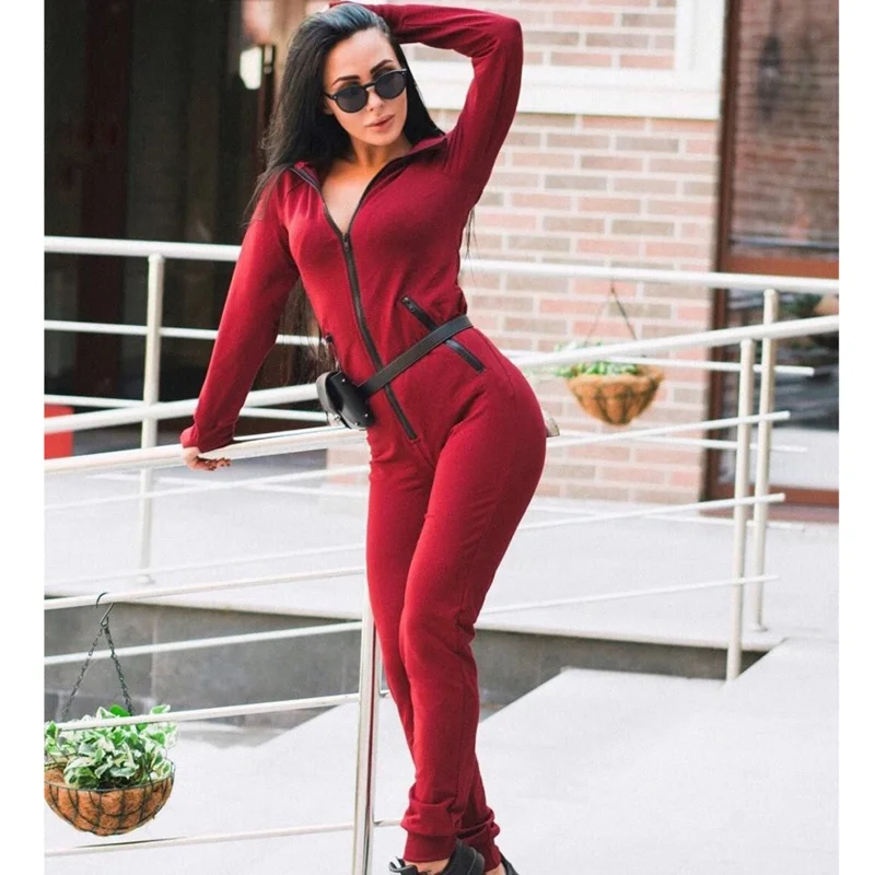 

Ladies Sexy V Spring Elastic Hooded Autumn Color Solid Neck Zipper Jumpsuit