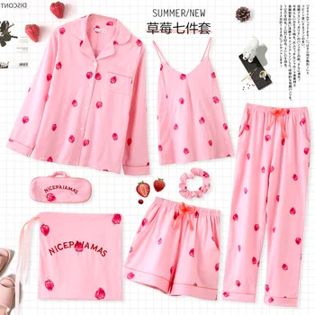 

Cute Pink Pajamas Set Women 7 Pieces Sleepwear Suit 2019 Sexy Long Sleeve Tops Pants Shorts Female Pyjama Nightwear Home Wear