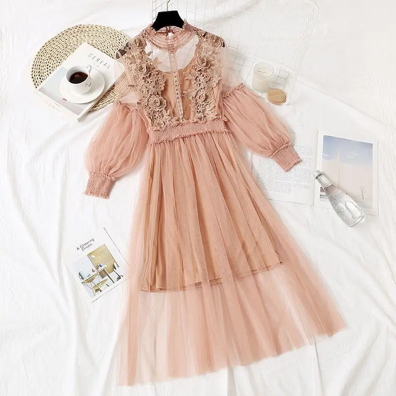 

2019 Summer Lace Dress Women Tunic Mesh Long Sleeve Sexy Dresses Beach Basic Vintage Black Party Dress