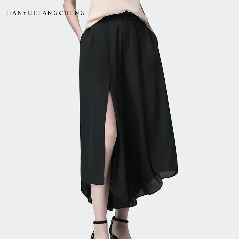 Summer Women' Skirt Pants Black Chiffon Side Split Loose Wide Leg Capris Pantas Fashion Cool Streetwear Casual Female Bottoms Summer Women' Skirt Pants Black Chiffon Side Split Loose Wide Leg Capris Pantas Fashion Cool Streetwear Casual Female Bottoms