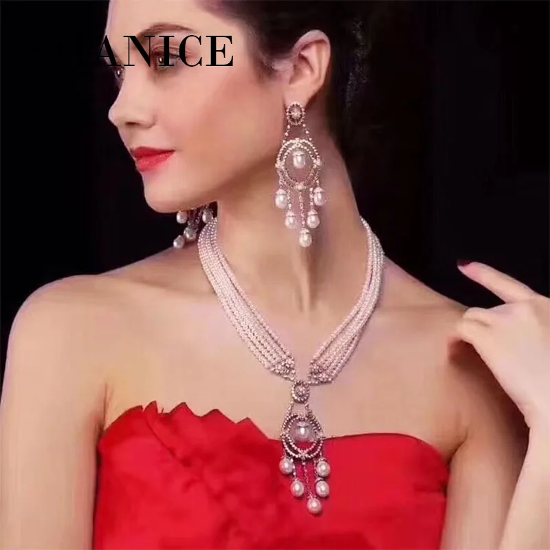 

SHANICE Long Jewelry Sets Earrings DIY Women Luxury Pearls Necklace Making Findings Paved Zircon Connector Pendants Accessories