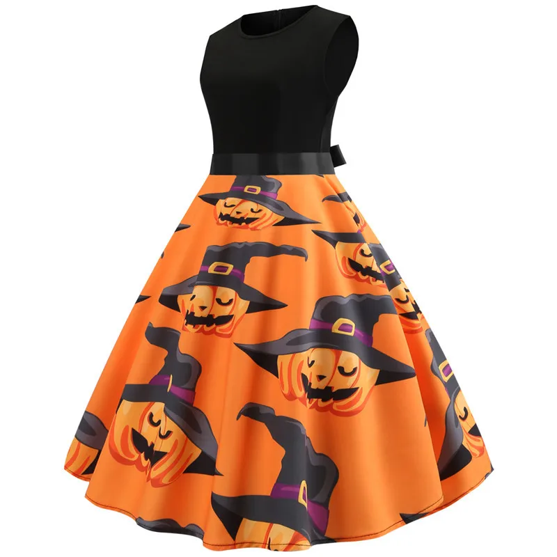Robe Halloween Femme Skull Pumpkin Retro Vintage Pinup Dress Women Tank