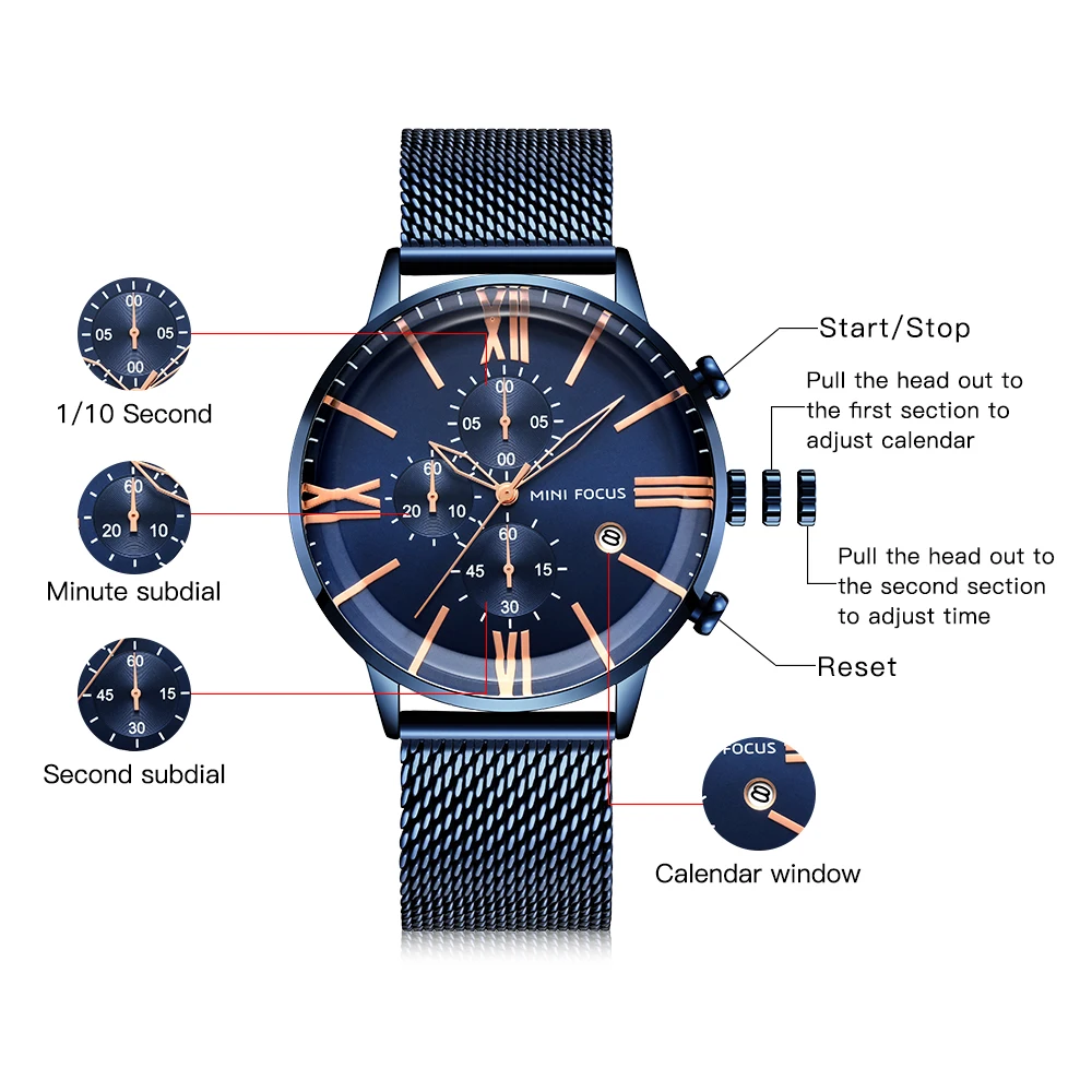 Мини фокус люксовый бренд Мужские часы из нержавеющей стали мужские наручные кварцевые наручные часы мужские водонепроницаемые часы Reloj Hombre Relogio синий