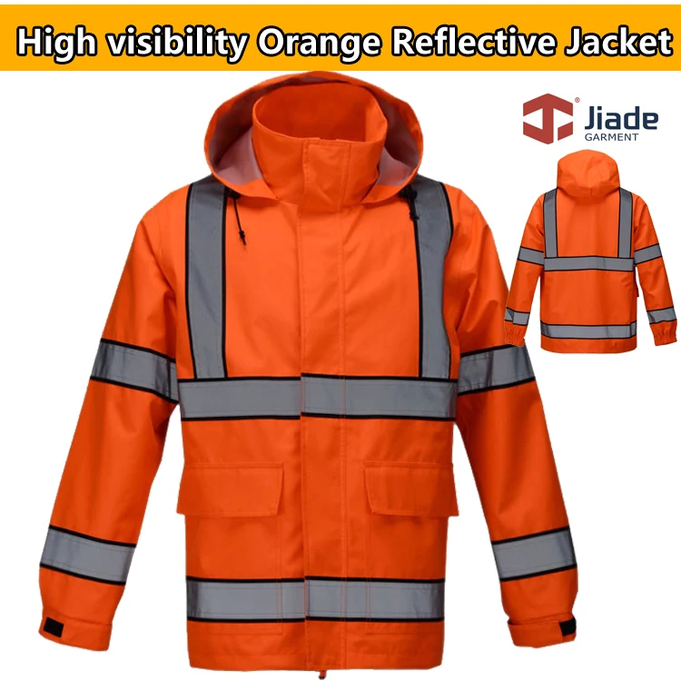 

Jiade High quality Men's orange reflective jacket work wear safety jacket rain wear rain jacket with hood