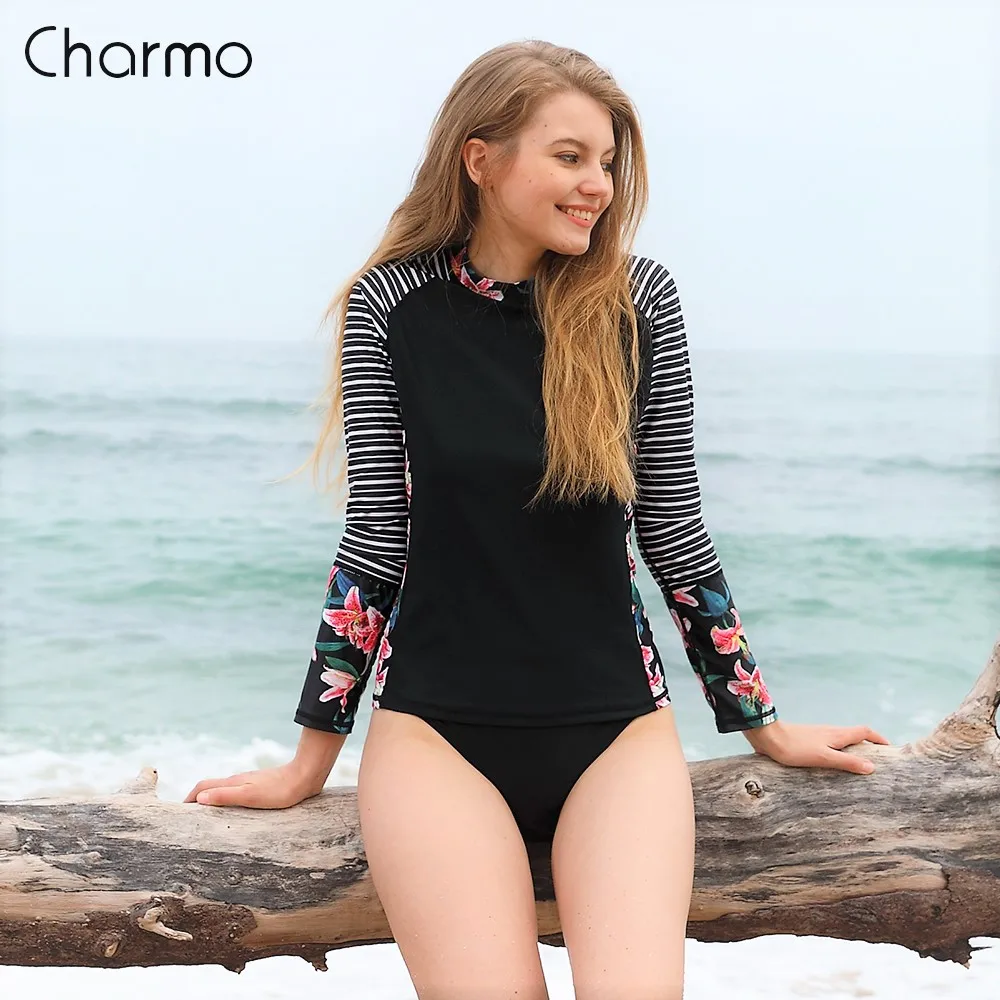 Charmo طويل كم المرأة Rashguard ملابس شريط الأزهار طباعة ملابس السباحة تصفح أعلى الجري ركوب الدراجات قميص طفح الحرس UPF 50 +