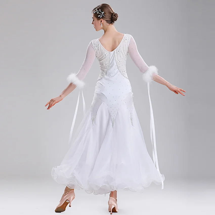 Платья для конкурса бальных танцев платье для вальса бальное платье стандартная танцевальная одежда женские танцевальные костюмы перьевое белое