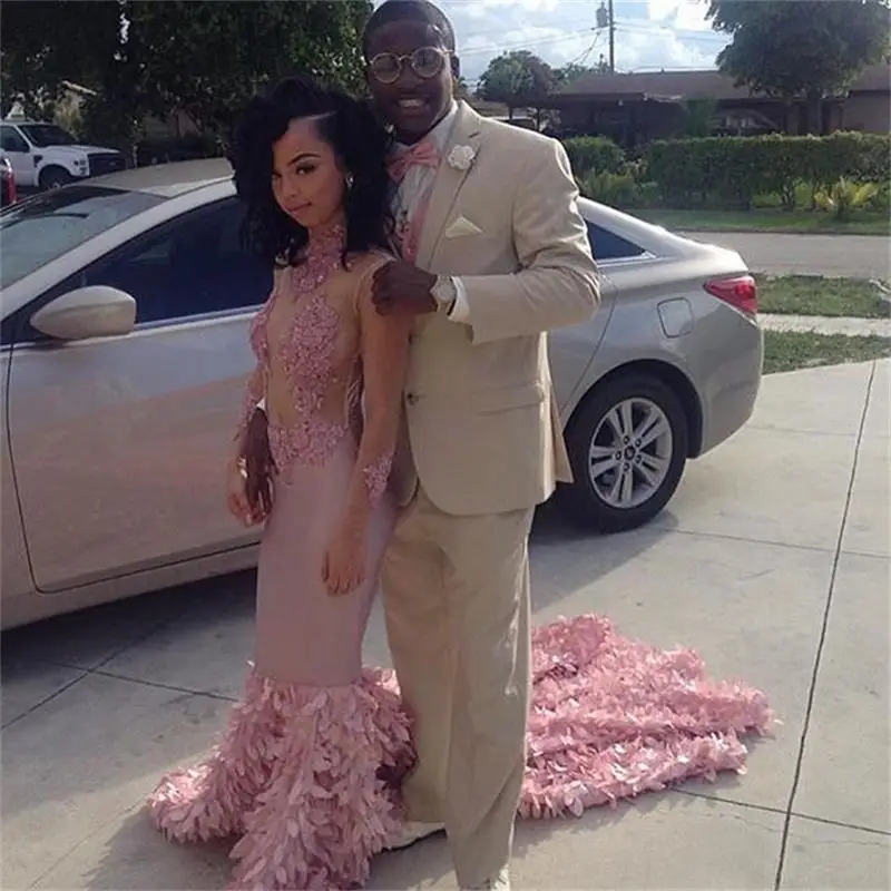 Pink Long Mermaid Prom Dresses See Through Sleeve High Neck Lace Applique Sweep Strain Formal Evening Dress Party Gowns |