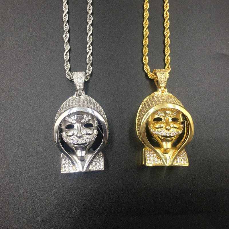 

Hiphop Jewelry bling bling vendetta mask face pendants necklace for street boys cz zircon inlay copper alloy iced out necklaces