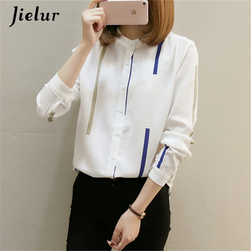 Jielur Long Sleeve Shirt Blue Striped Shirt Womens Tops Blouses 2019 New Autumn Blouse Femme Button S-XL White