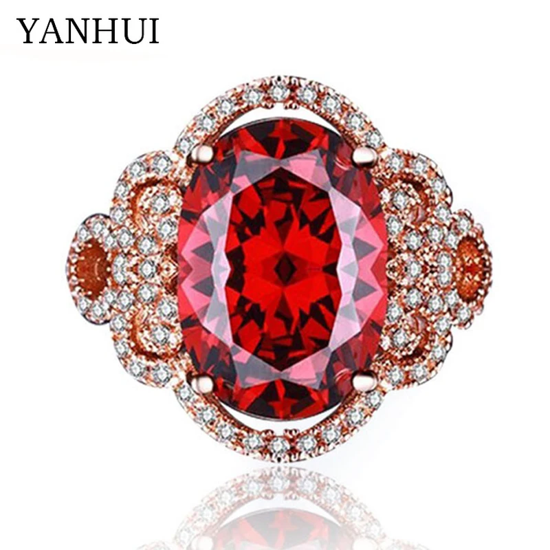 

YANHUI Women Fashion Flower Shiny Red Crystal Ring Red Garnet Gem CZ Engagement Jewelry Rose Gold Filled Promise Rings KR241