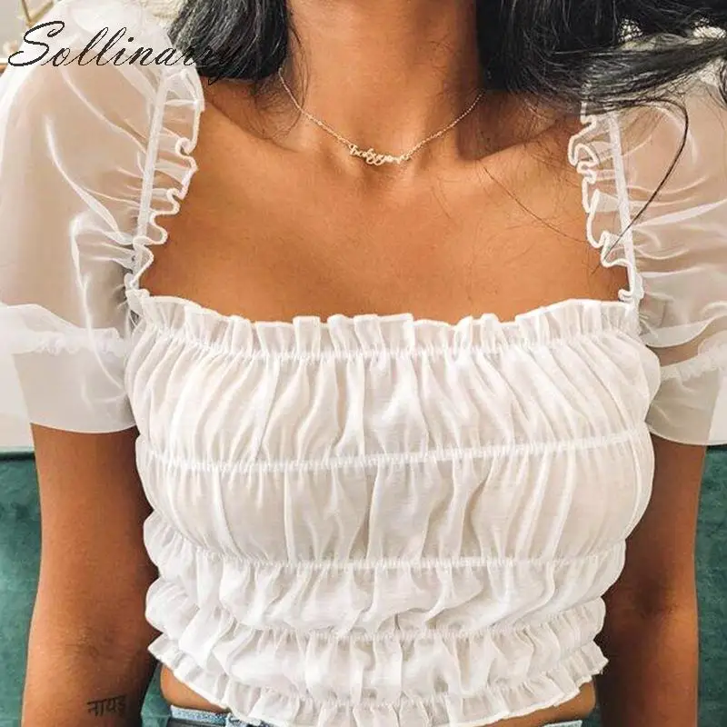 

Sollinarry Square Collar Fashion Blouses Shirts Women Autumn Winter Twist Sexy Tops Shirts Female Mesh Solid White Ruffles Tops