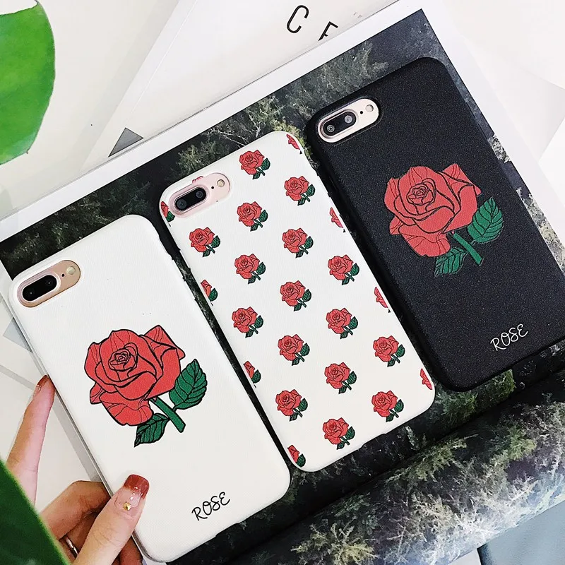 

YiKELO Red Rose Flower Soft Silicon Rubber Cover For iPhone 6 6s 7 8 Plus X Beautiful Floral Phone Case For iPhone8 Black Coque