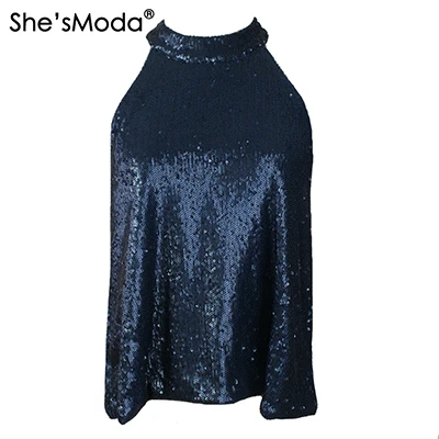 She'sModa Biling Sequins Gold Холтер Топ женские спандекс Клубные вечерние майки жилет - Цвет: blue