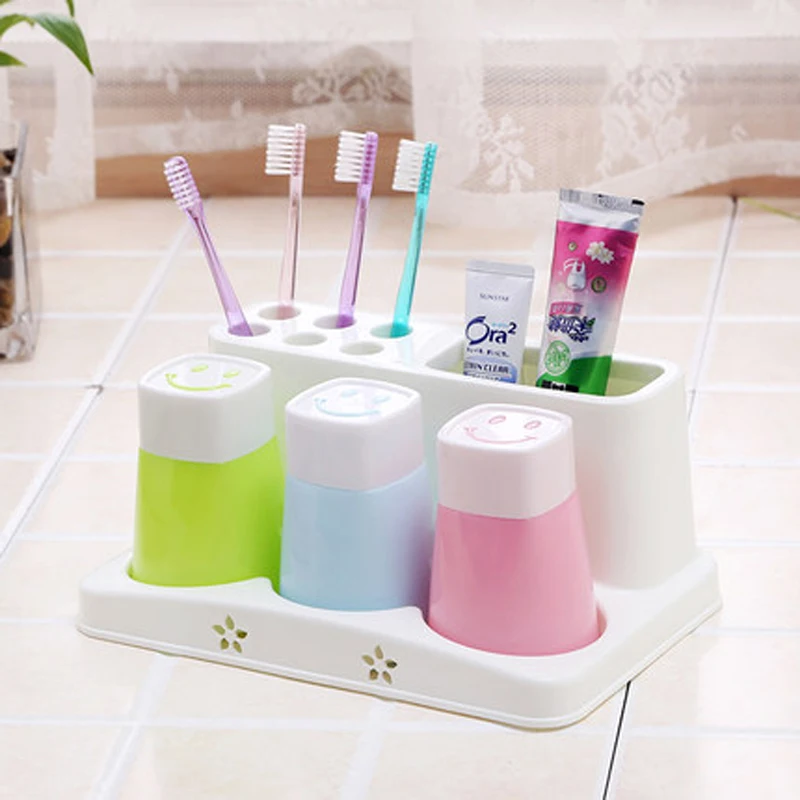 Plastic Bathroom Set Accessories 4Pcs/Set Tumbler Toothpaste Toothbrush Holder Stand Storage Rack Bathroom Decorate