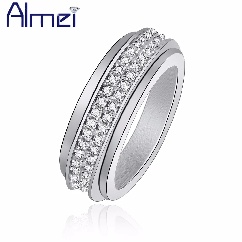 Almei Engagement Rotatable Rings For Women Silver Color Crystal Spinner