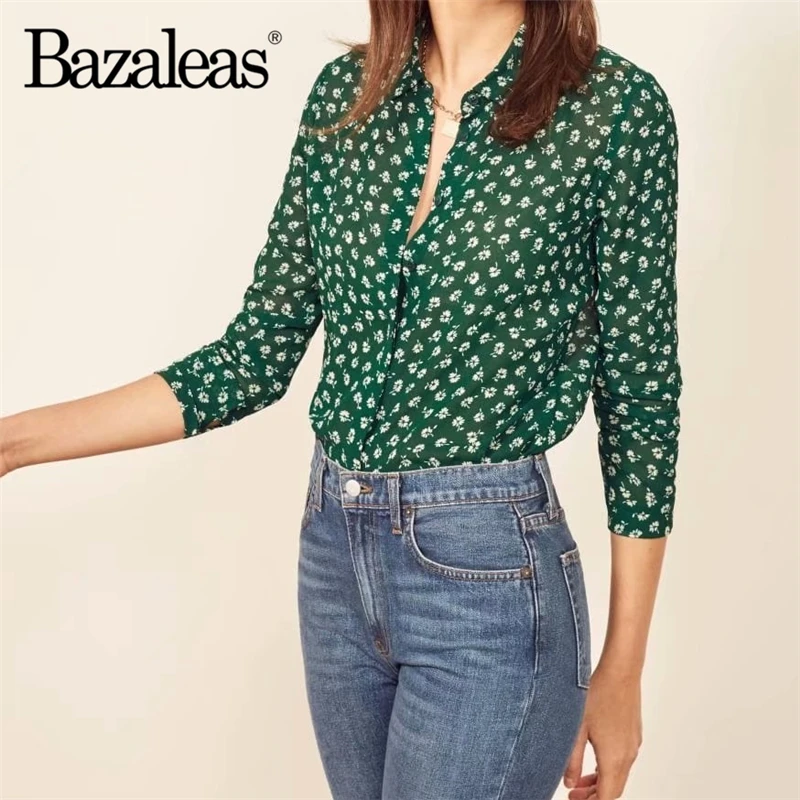 Bazaleas зеленый цветочный принт женские топы тонкая рубашка mujer de блузка moda blusas Feminina