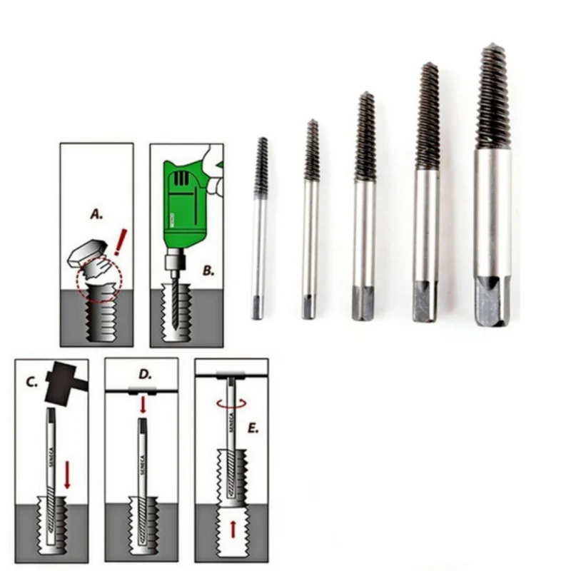 New 5Pcs/set Broken Screw Extractor With Paper Card Easy To Operate remove/stripped Broken Studs Auto Repair Tool