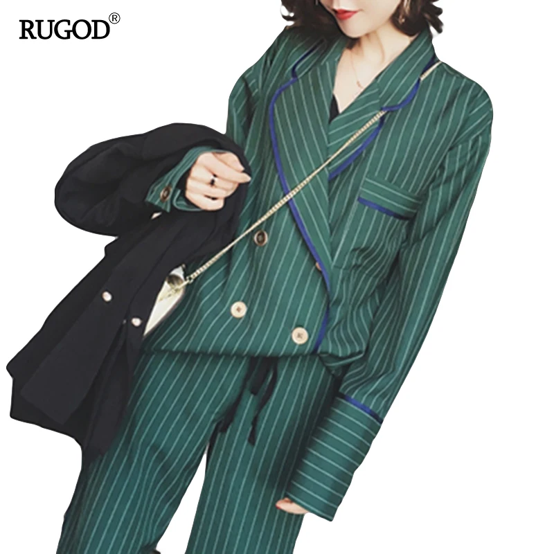 RUGOD женский весенне-осенний Повседневный приталенный Блейзер 2 предмета в комплекте, полосатый пиджак и брюки, блейзеры для женщин размера плюс, брючные костюмы