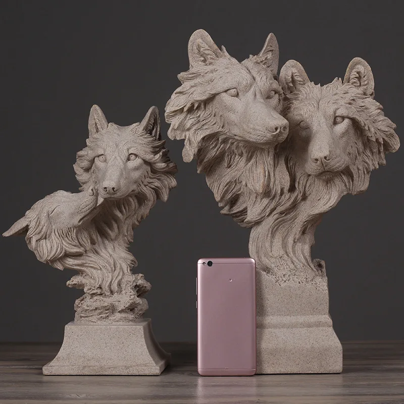 

Creative Decoration Dual Heads Wolf Sculpture Animal Shape Living Room Bookcase TV Stand Sandstone Crafts Para Casa Decor L3325