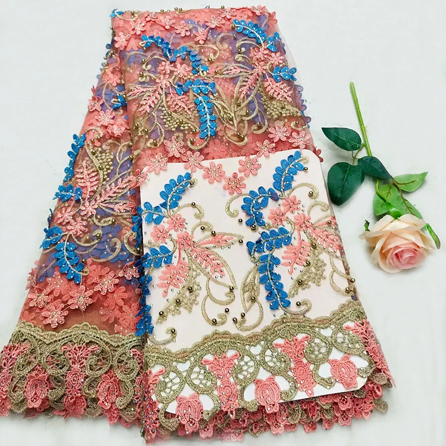 

Latest Style Peach Lace Fabric With Stones Beads Fashion African Tulle Lace Fabric High Quality French Net Lace Fabric Dress