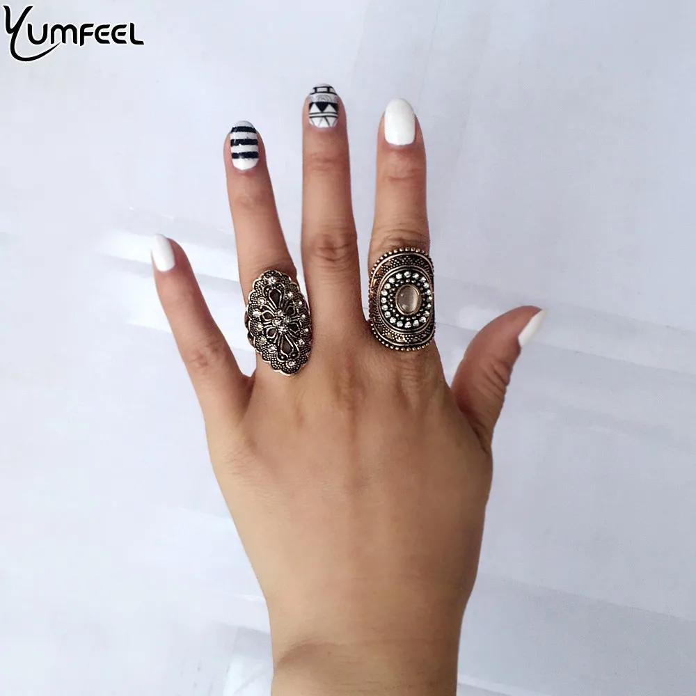 Yumfeel New Vintage Boho Jewelry Rings Metal with Antique Plated Crystal Ring Set for Women