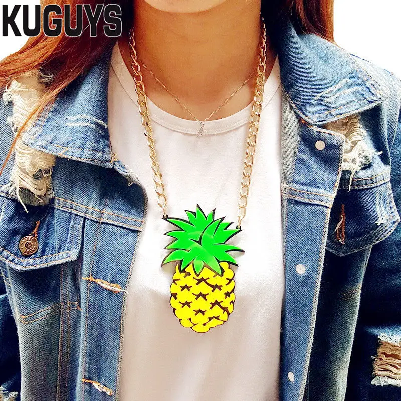 

KUGUYS Fashion Summer Jewelry Acrylic Large Necklace for Women Trendy Pineapple Pendant Necklace Gold Long Link Chain