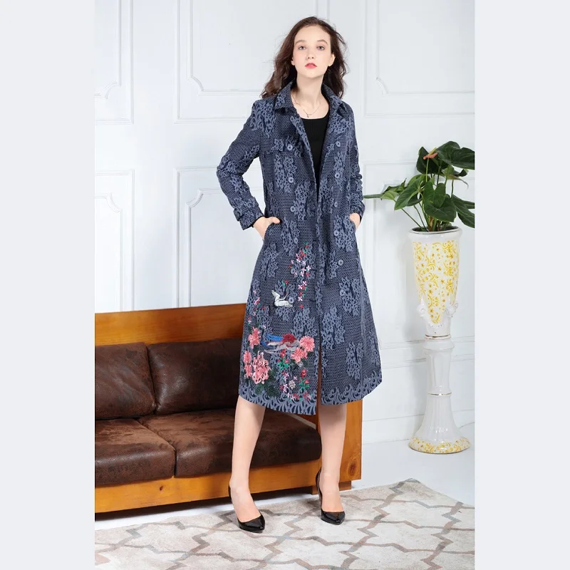 Manteau Dentelle Dark 2018 Boutonnage vent Nouveau red Mignon Hiver Ceinture Femmes Oiseaux Automne Tranchée Double Coupe Broderie Floral Avec Blue Survêtement wXnxqSg