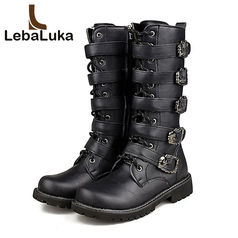Tuyoki Motorcycle Boots Men Motocross Boots Motorcycle Shoes Pu Leather Rock Mid Calf Buckle