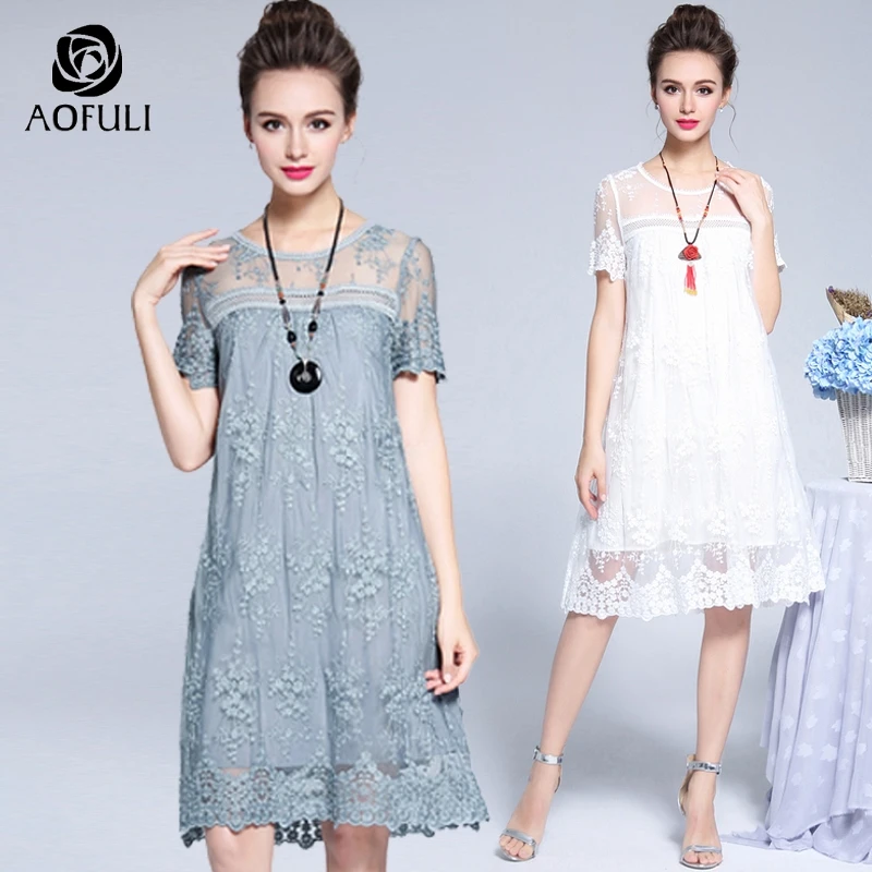

AOFULI L- XXXL 4XL 5XL Mesh Embroidered Loose Casual Dress 2018 Ladies Plus Size Short Sleeve Loose Blue White Dresses 05711
