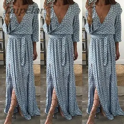 

Women Ladies Clothing Floral Print Long Sleeve Boho Dress Lady Summer Deep V Neck Party Long Maxi Dress Women Laipelar