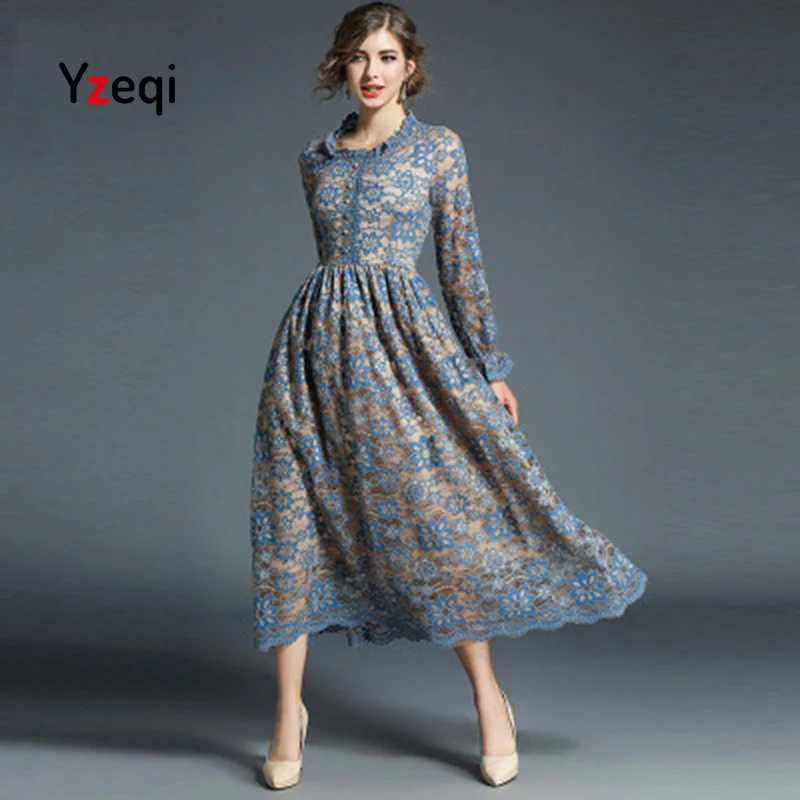 Yzeqi 2018 Новый Для женщин кружевном платье крючком цветок выдалбливают с длинным