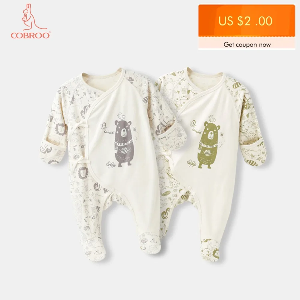 

COBROO Newborn Baby Organic Cotton Footies Pajamas with Mittens Cute Bear Infant Baby Coverall Sleep and Play 0-3 Months