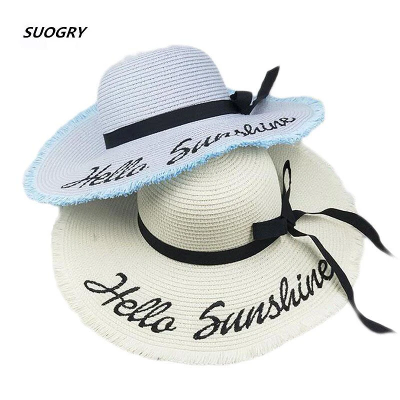 JHKSO Women Personali Zed Letter Embroidery Hello Sunshine Fringed Beach Hat Summer Straw Hat 