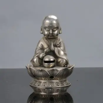 

Old Chinese Miao Silver Handwork Monk Statue Xuande Mark
