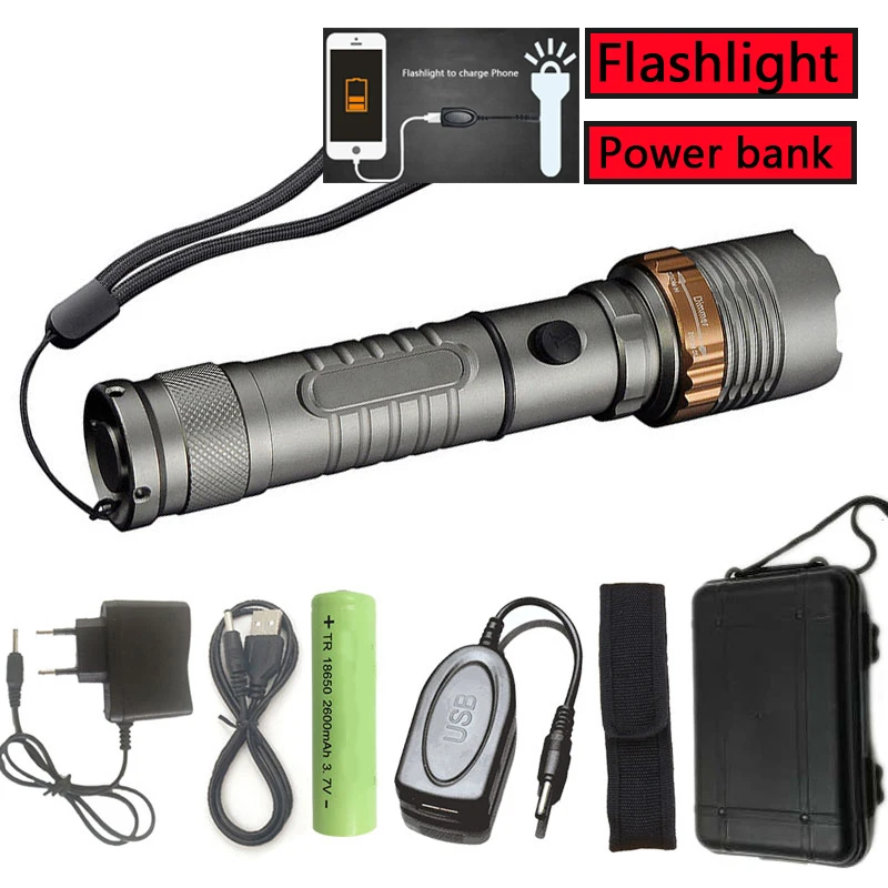 

Z302622 LED Tactical Flashlight XM-L T6 3800LM 5 Zoom Torch Waterproof Flashlights Mode Led Light Function Power bank