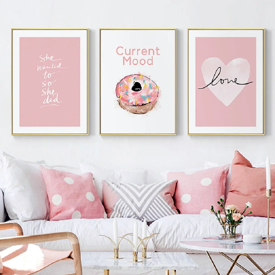 Розовое милое сердце, любовь Скандинавия холст живопись кухня плакаты и репродукции, настенное искусство поп картины для гостиной домашний декор
