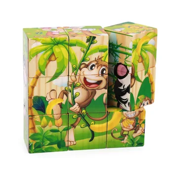 

9PCS/Set 6-Side Cartoon Animals Painting Wooden 3d Jigsaw Puzzle Early Learning Educational Toys for Kids Children