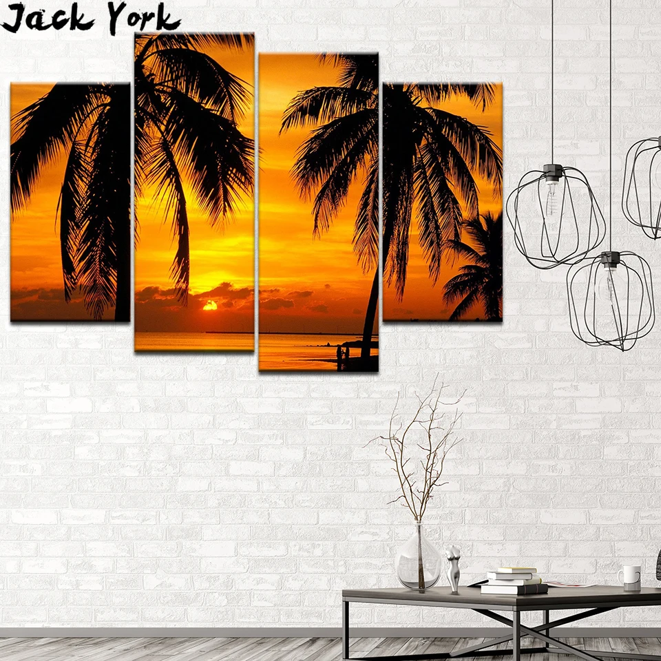 Canvas Painting landscape Summer sunset near sea 4 Pieces Wall Art Modular Wallpapers Poster Print Home Decor | Дом и сад