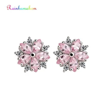 

Rainbamabom Real 925 Sterling Silver Pink Sapphire Gemstone Earrings Ear Studs White Gold Flower Plant Women Jewelry Wholesale