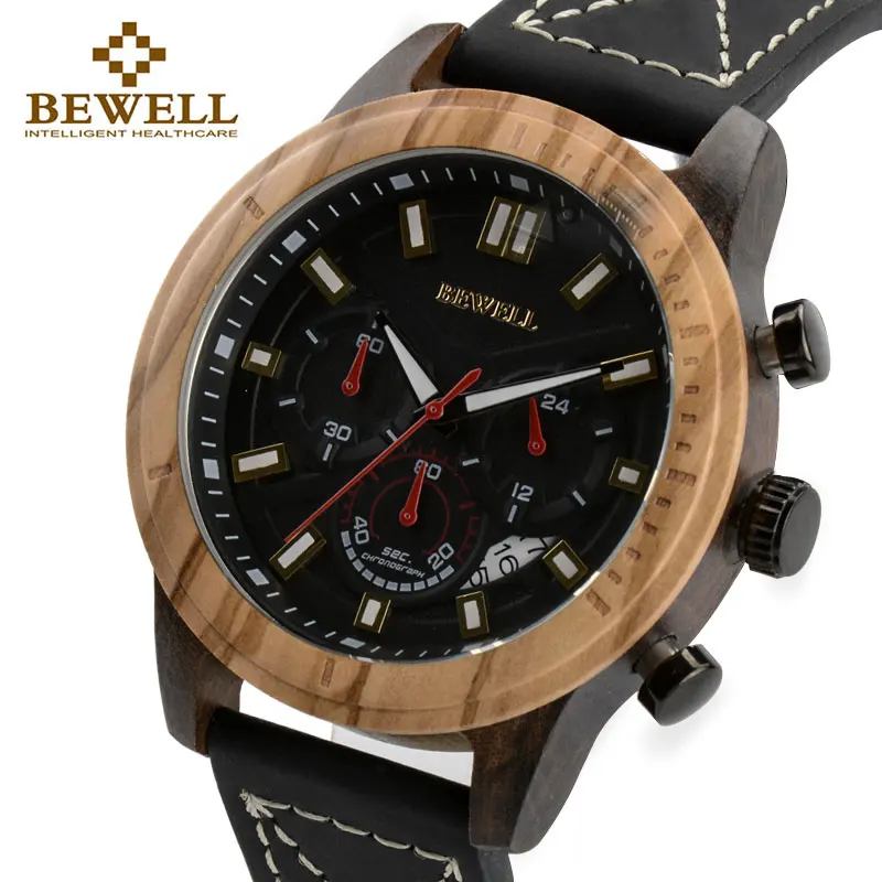 

Men's Quartz Watch Wood Case Leather Strap With Chronograph And Date Display Luminous Hands Bewell Luxury Brand Waterproof 161A