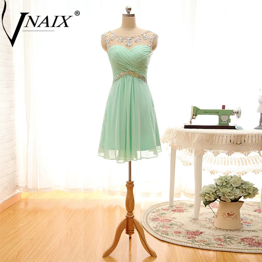 

Vnaix C1036 Mint With Crystal Beaded And Pleat Open Back Back Short Mini Chiffon Prom Cocktail Homecoming Dresses Cheap
