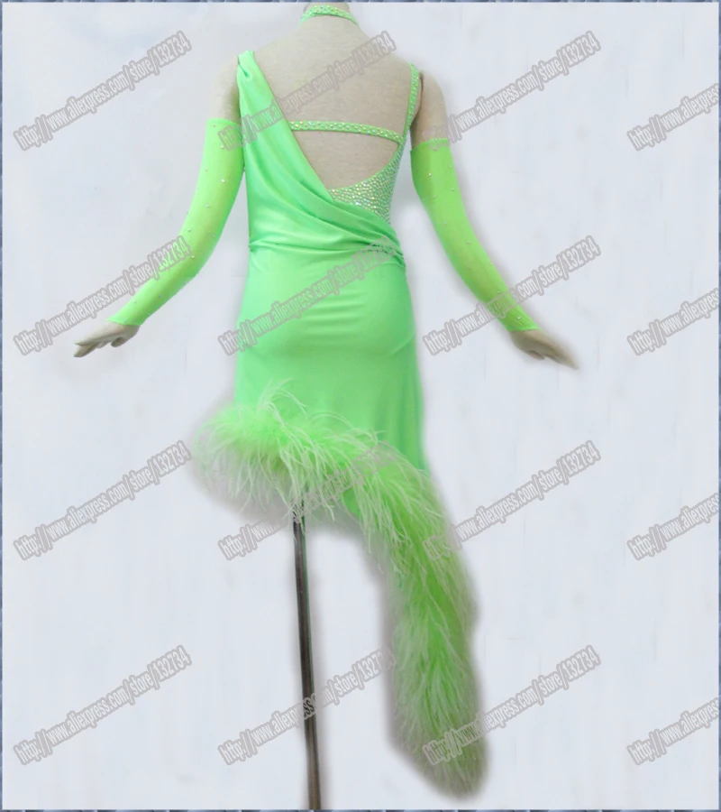 AWSOME зеленое латинское танцевальное платье, балламплатье танцевальная одежда DMC Стразы Латинская Сальса Танго для спортивных танцев платье Настоящее перо B-0076