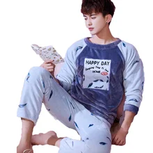 Пижамы мужские осень зима утепленные, фланелевые Мужская пижама набор с круглым вырезом коралловый флис пижамы Мужская Ночная Рубашка домашняя пижама Hombre