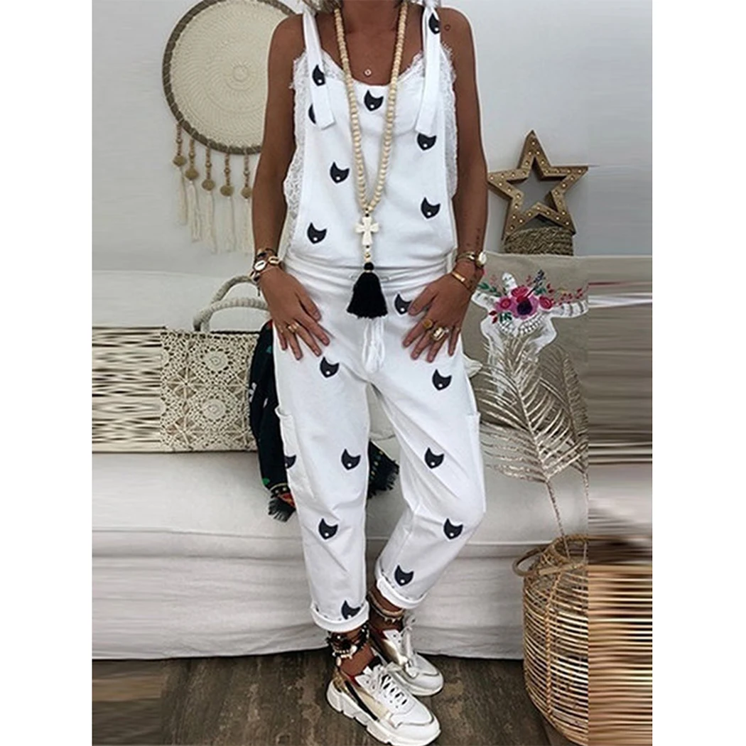 

Casual Sleeveless Strappy Jumpsuits Overalls Plus Size Cat Print Loose Bib Jumpsuit Dungaree Women Long Pants Playsuit Rompers