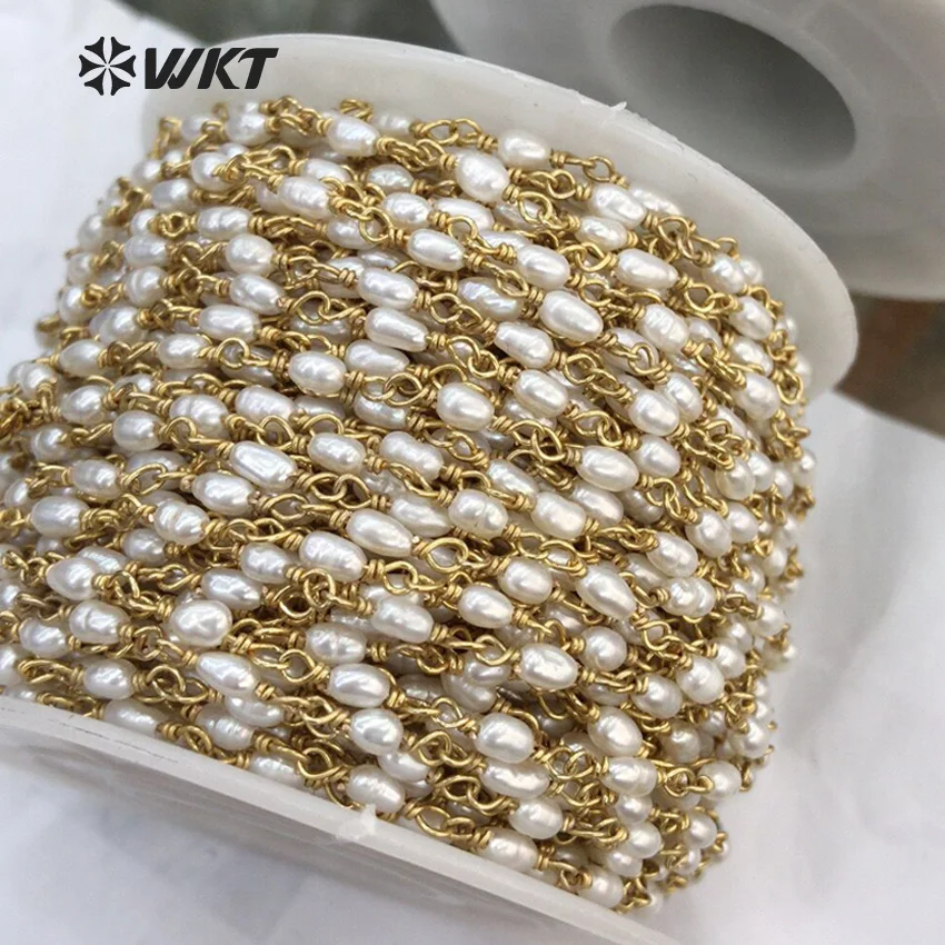 

WT-RBC069 Fresh Water Pearl Rice Shaped Rosary Style Beaded Chain Handmade Wire Wrapping Chain For Making Women Fashion Jewelry