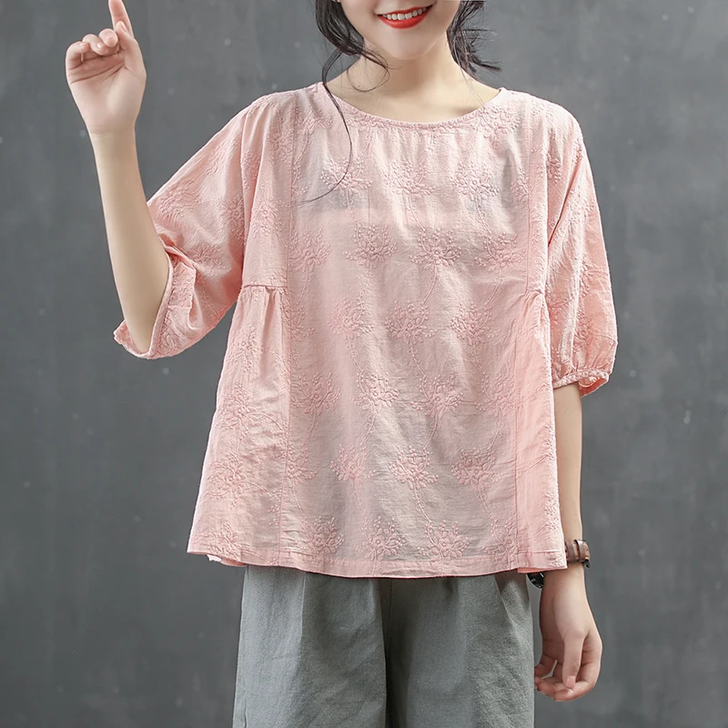 Retro solid color embroidery short sleeve T-shirt tee top mori girl 2018 summer | Женская одежда