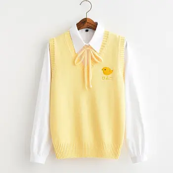 

All-Match Yellow Girl Style Yellow Chick Embroidery Bottoming Sweater Vest Yellow Rope